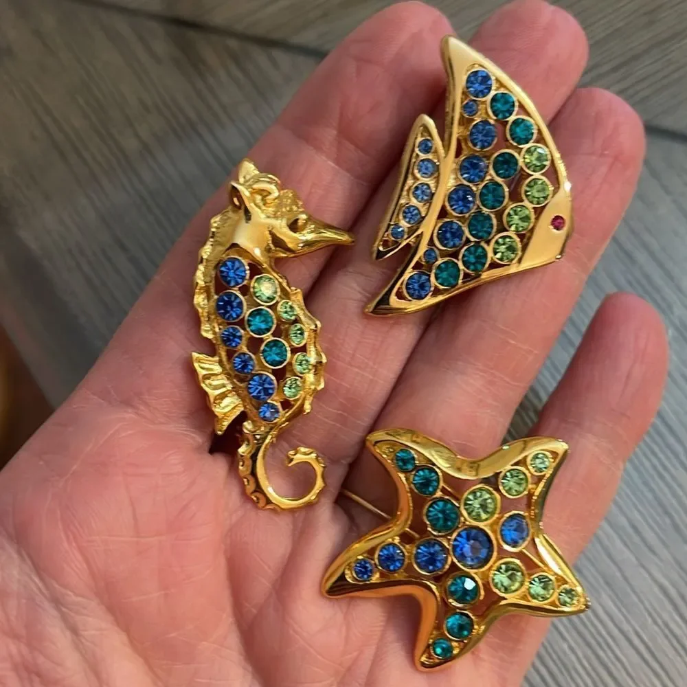 LIA Lianna Stamped 3 Ocean/Sea Themed Gold-tone Brooches w/ Rhinestone Accents